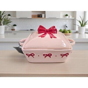 New Holiday Cute Pink / Red Bow 9in Baking Dish Loaf Pan Casserole Dish Bakeware